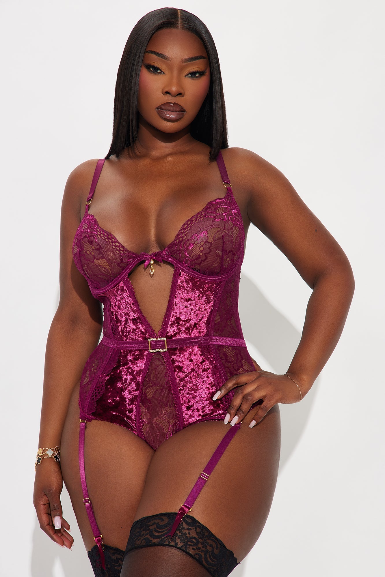 Sweet Obsession Velvet Lace Teddy With Garter Straps - Wine