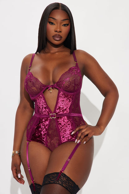 Sweet Obsession Velvet Lace Teddy With Garter Straps - Wine