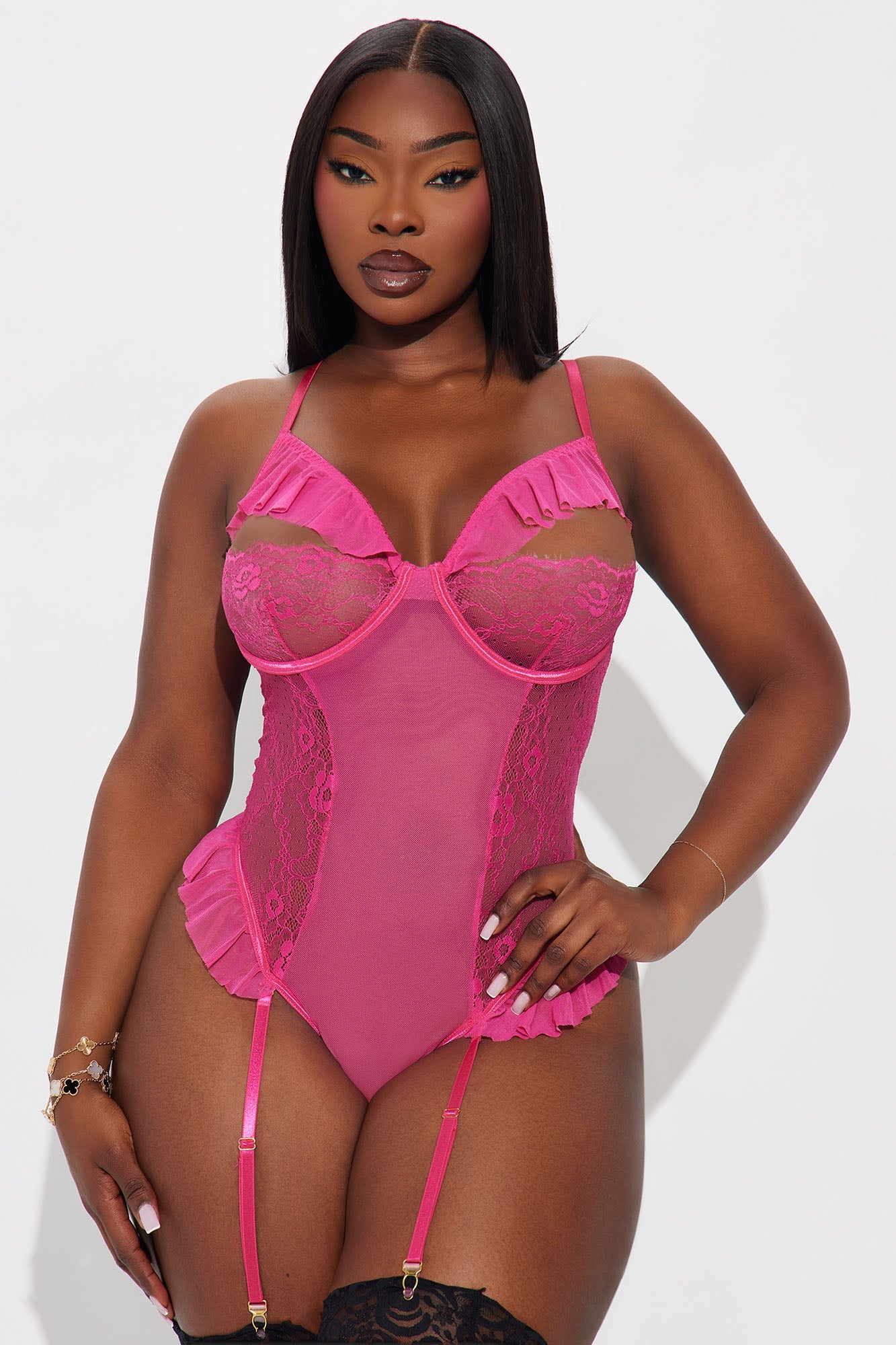 Desire Me Daily Mesh Lace Teddy With Garter Straps - Pink