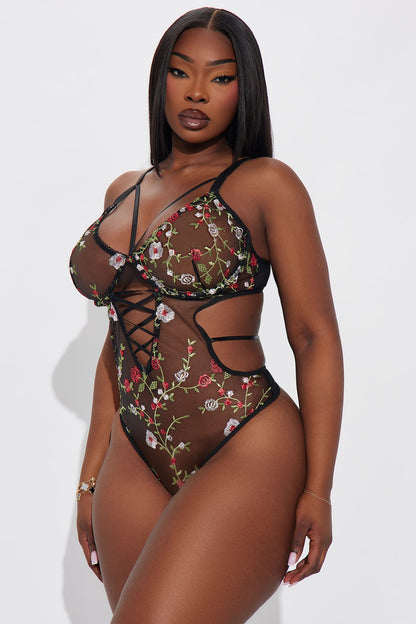 Just A Daydream Embroidered Mesh Lace Up Teddy - Black/Red