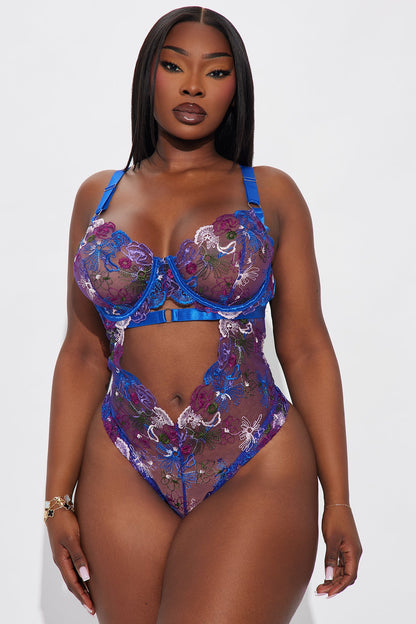 Yours Truly Embroidered Mesh Thong Teddy - Blue/combo