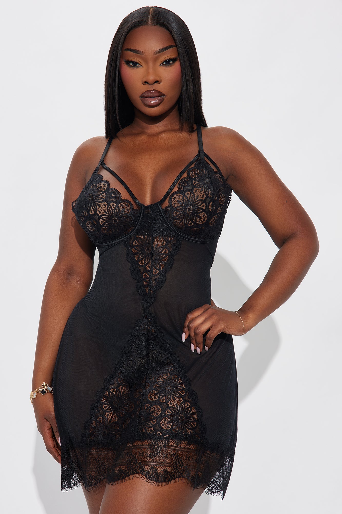 Salina Mesh Embroidered Chemise - Black