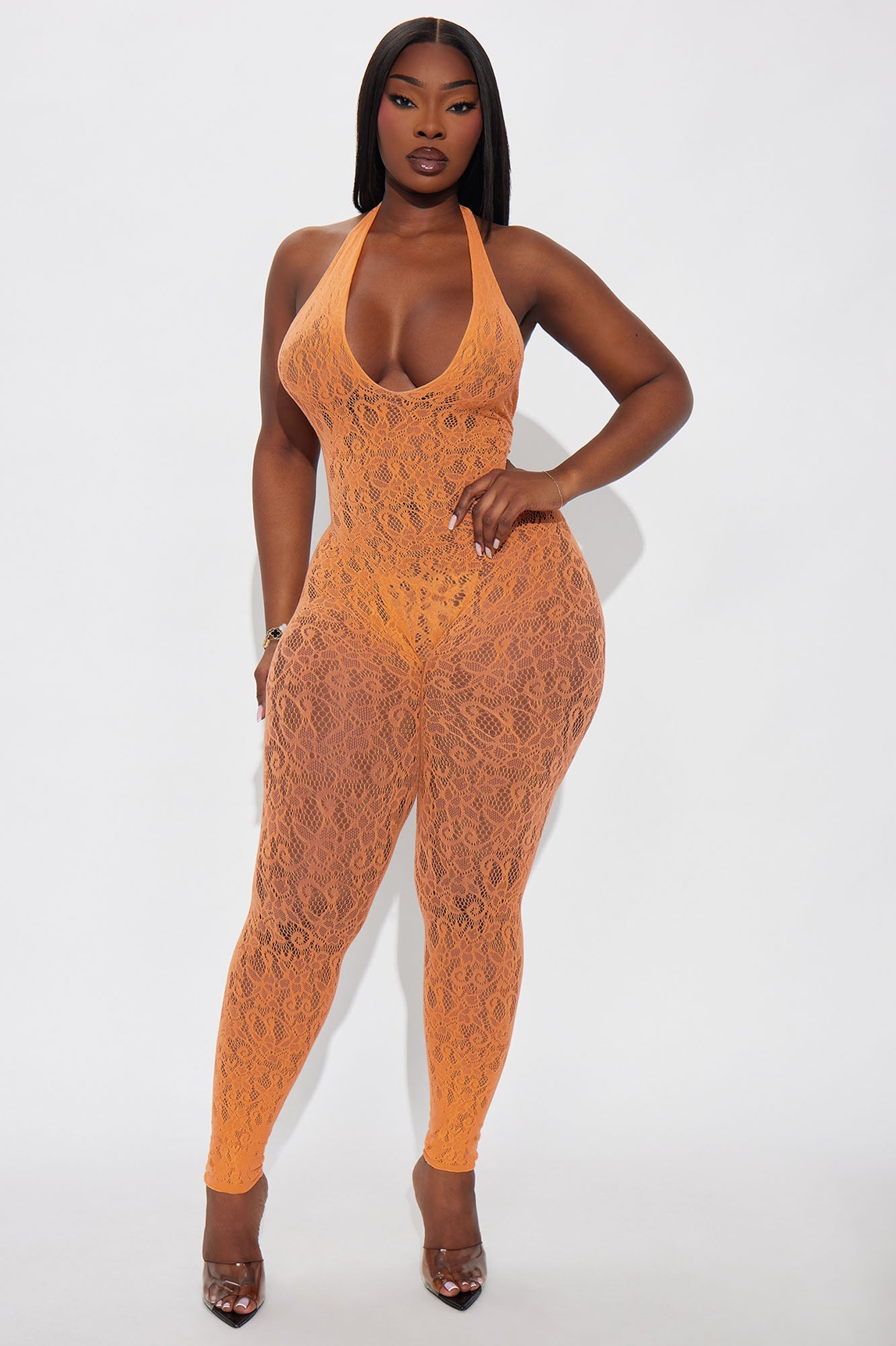 Lace Me Up Crotchless Lace Jumpsuit Bodystocking - Orange