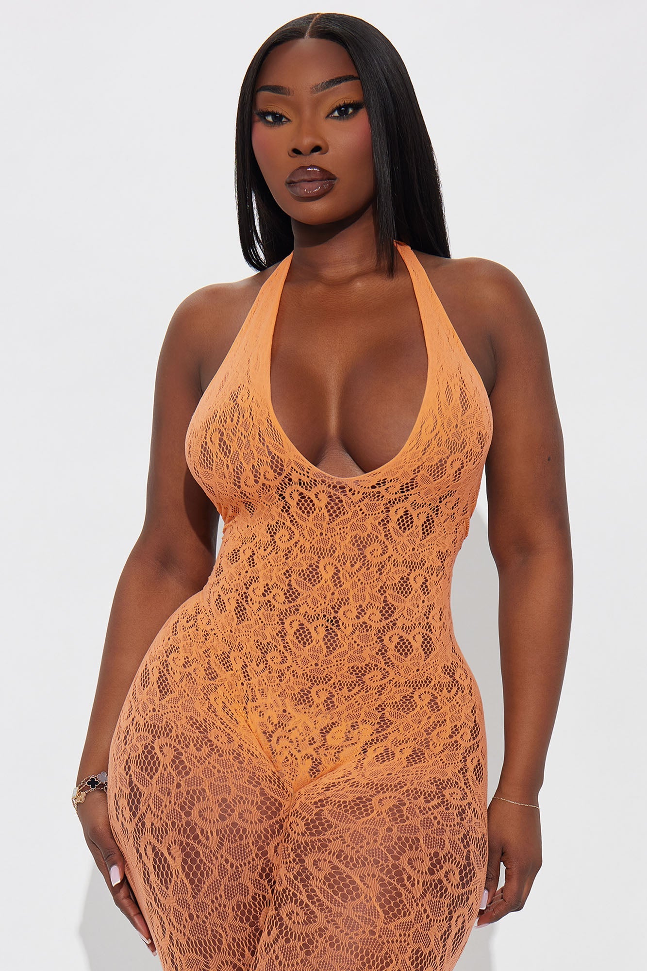 Lace Me Up Crotchless Lace Jumpsuit Bodystocking - Orange