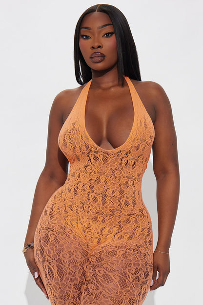 Lace Me Up Crotchless Lace Jumpsuit Bodystocking - Orange
