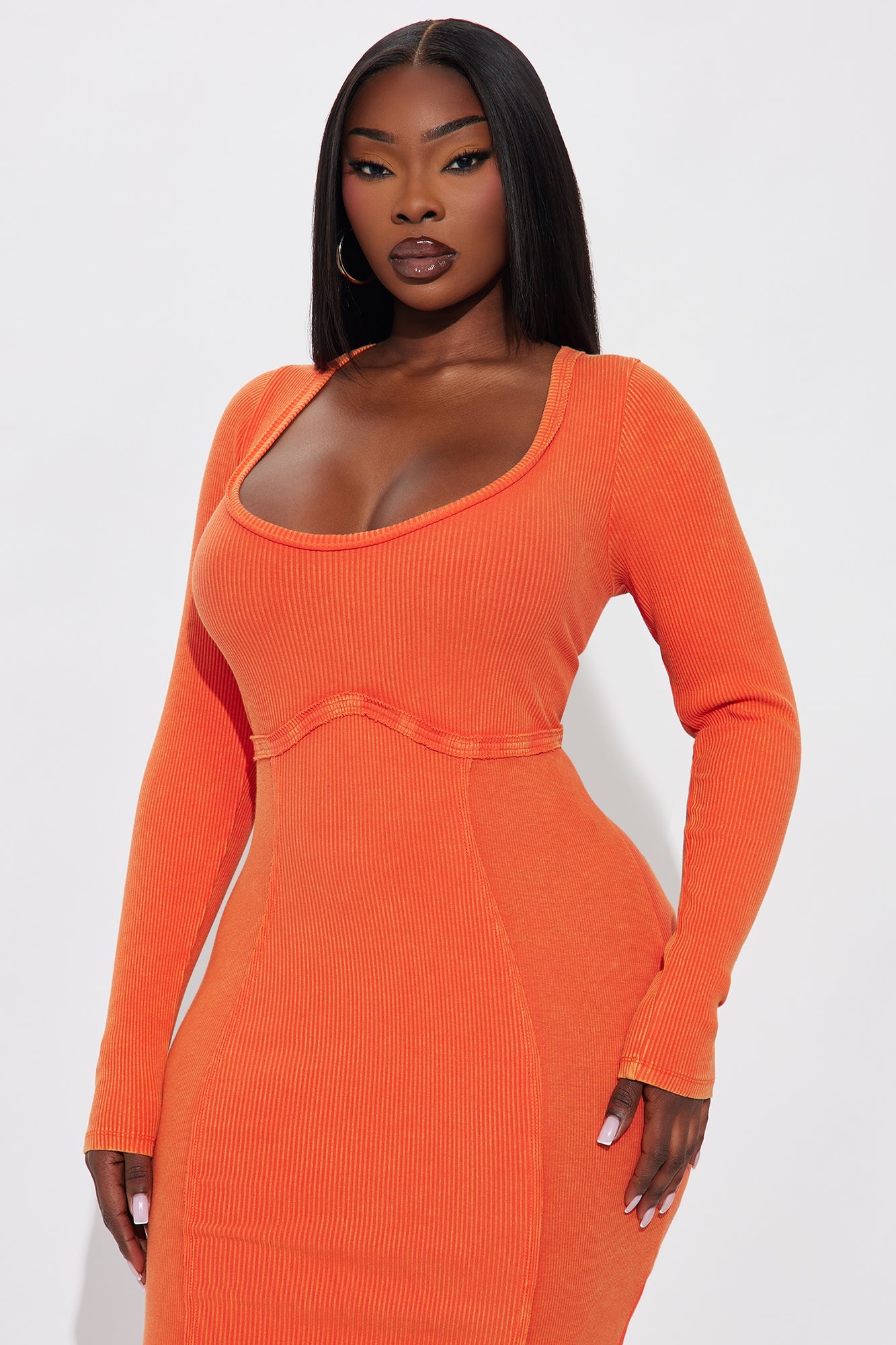 Sun Kiss Long Sleeve Mineral Wash Midi Dress - Orange