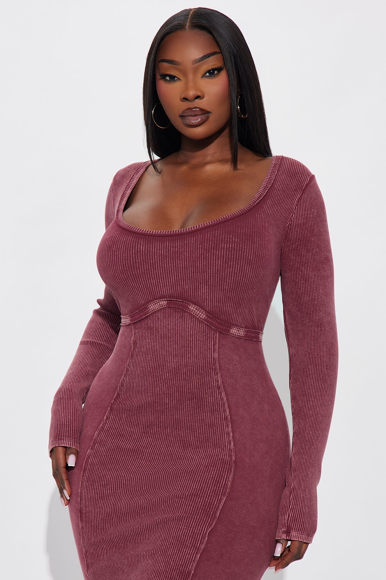 Sun Kiss Long Sleeve Mineral Wash Midi Dress - Wine
