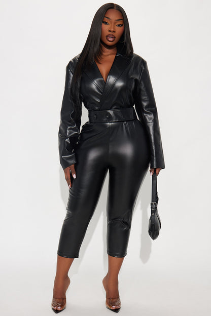 Kiana Faux Leather Capri Jumpsuit - Black