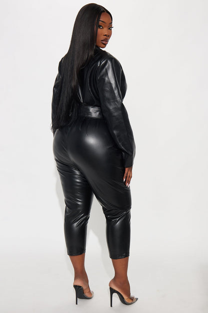 Kiana Faux Leather Capri Jumpsuit - Black