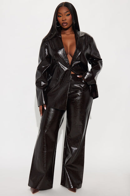 Catalina Faux Patent Leather Blazer - Chocolate