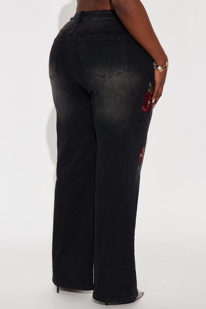Rosie Embroidered Straight Leg Jeans - Black Wash