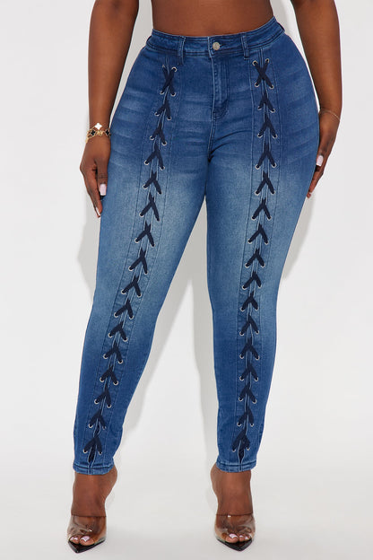 Look This Way Lace Up Skinny Jeans - Dark Wash