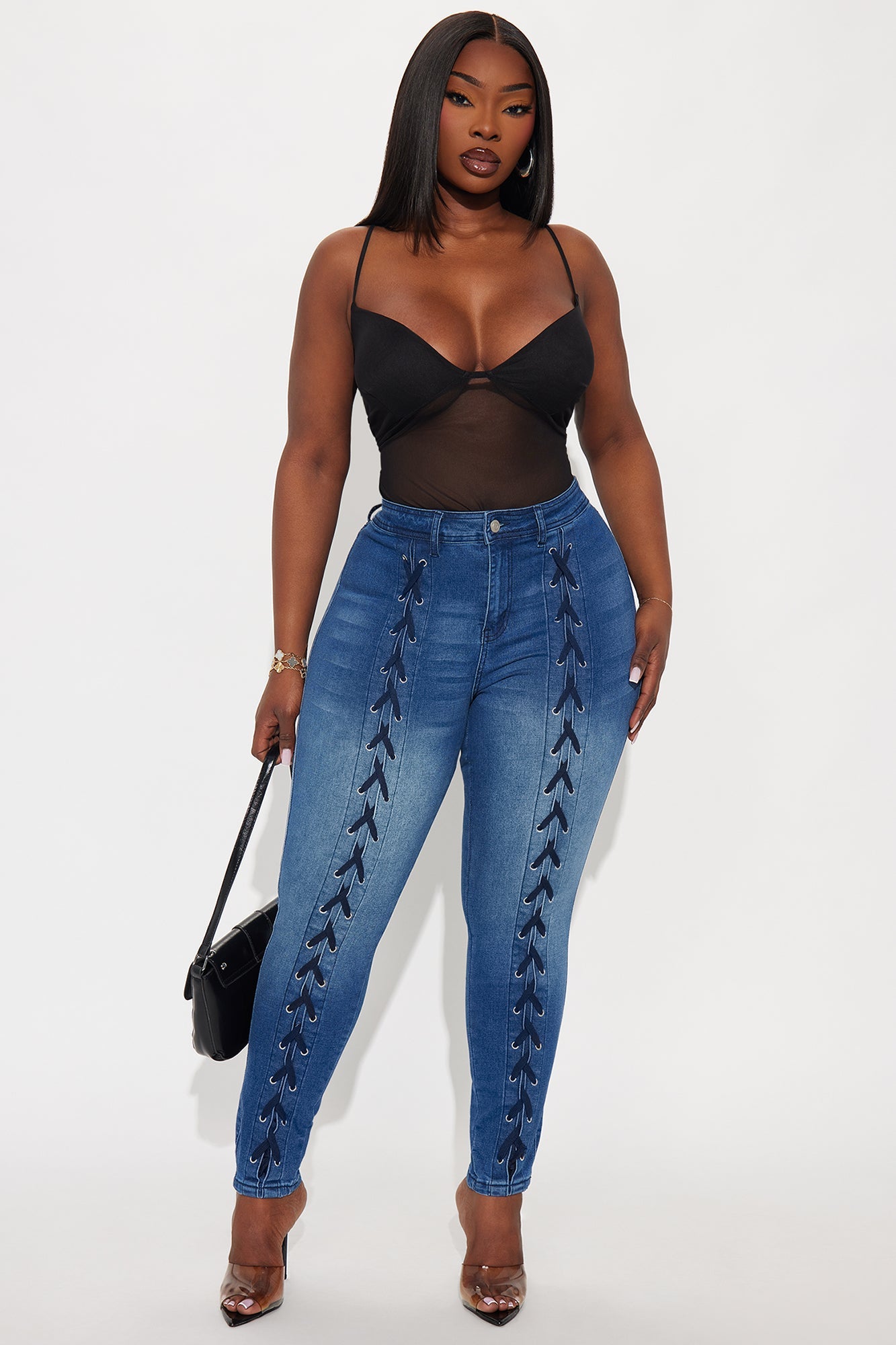 Look This Way Lace Up Skinny Jeans - Dark Wash