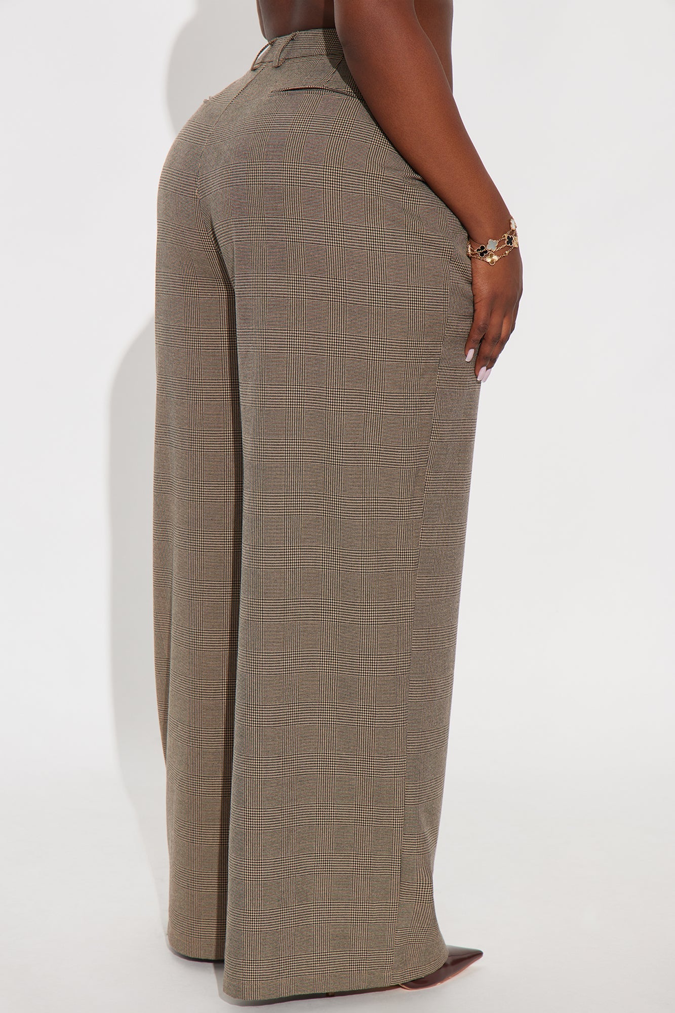 Clarissa Wide Leg Plaid Trouser Pants 33″ - Brown