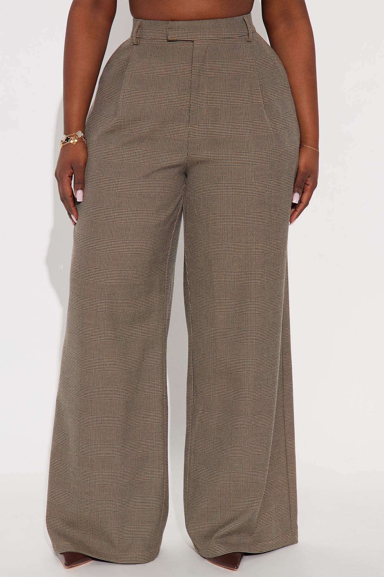 Clarissa Wide Leg Plaid Trouser Pants 33″ - Brown