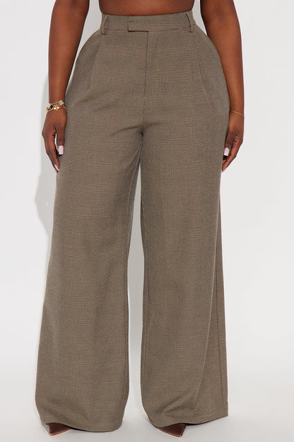 Clarissa Wide Leg Plaid Trouser Pants 33″ - Brown