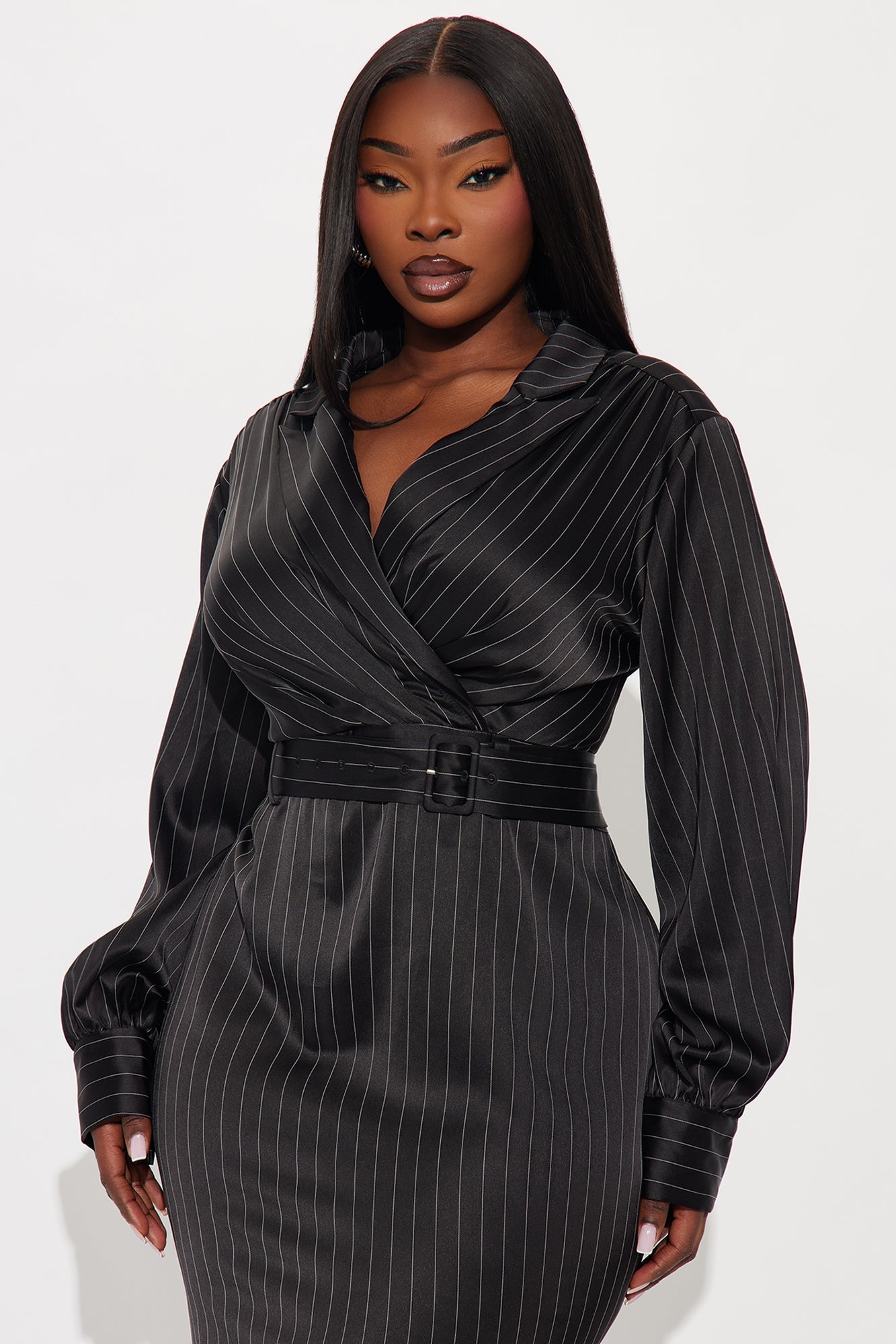 Call The Shots Belted Satin Midi Dress - Black