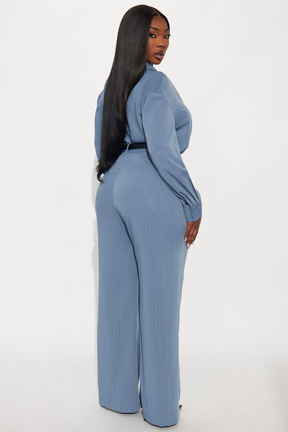 Isla Pinstripe Belted Pant Set - Slate Blue