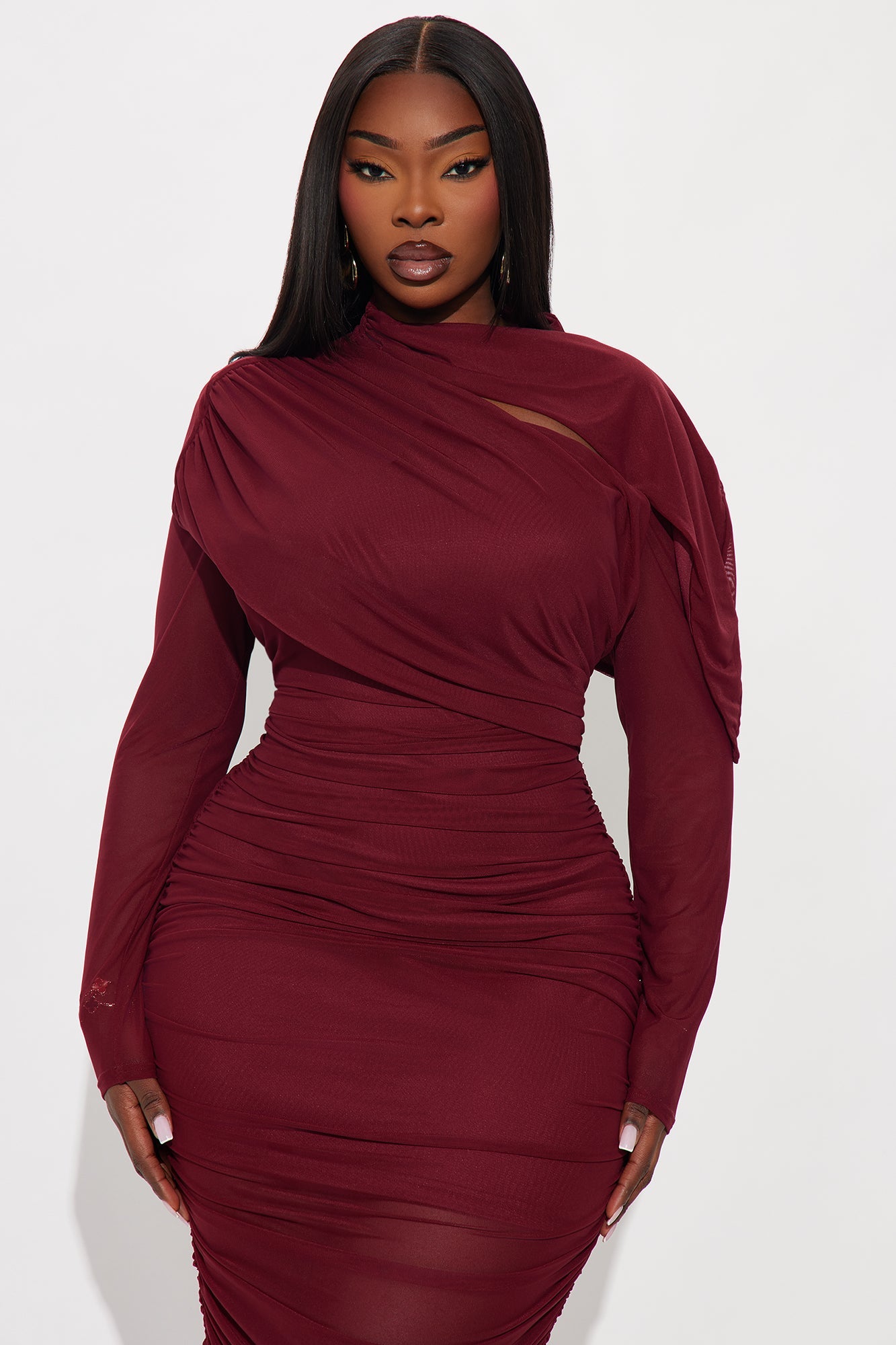 Tongue Tied Ruched Maxi Dress - Burgundy