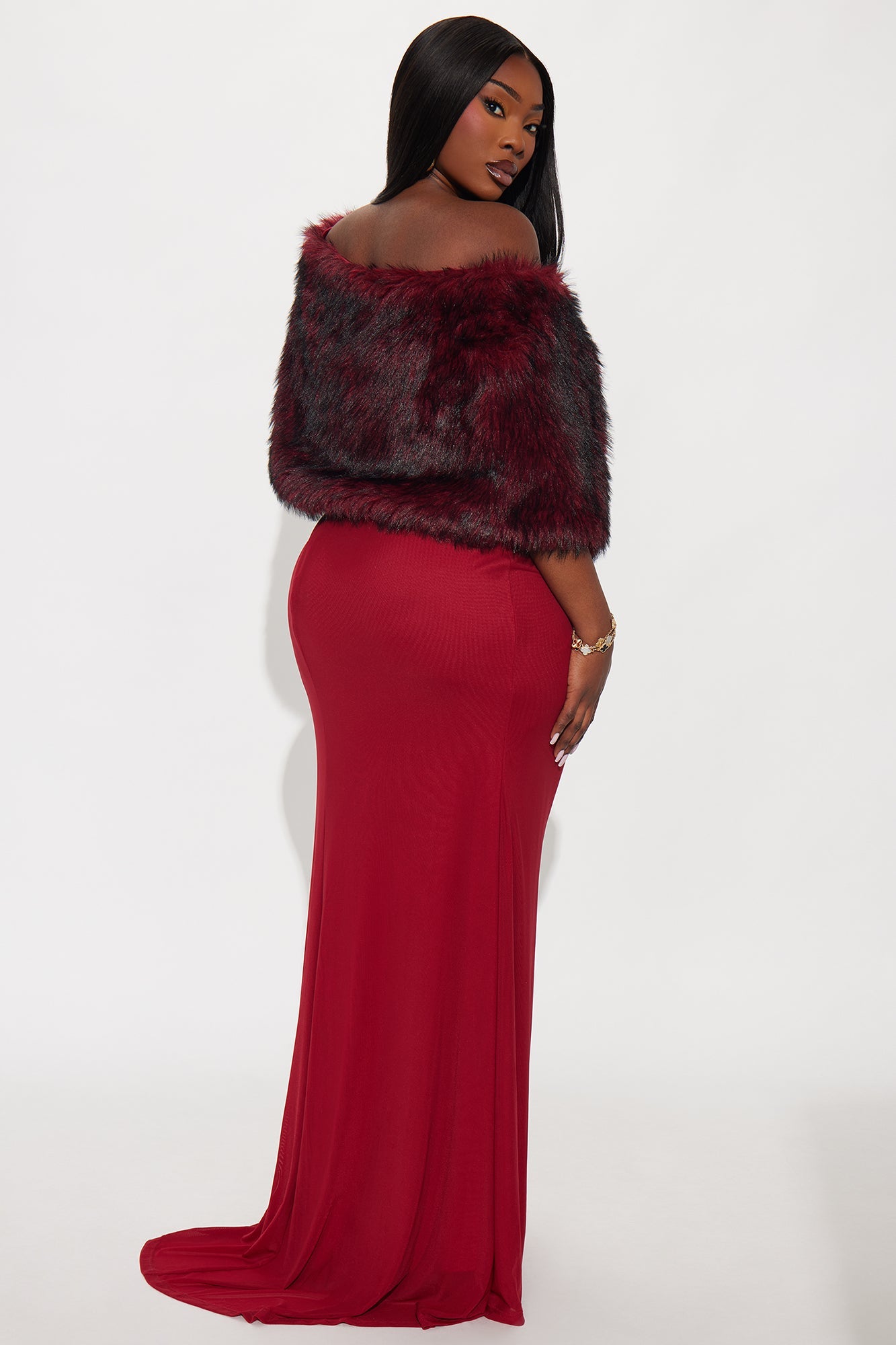 Glam Theory 2 Piece Faux Fur Gown - Burgundy