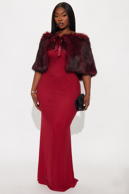Glam Theory 2 Piece Faux Fur Gown - Burgundy