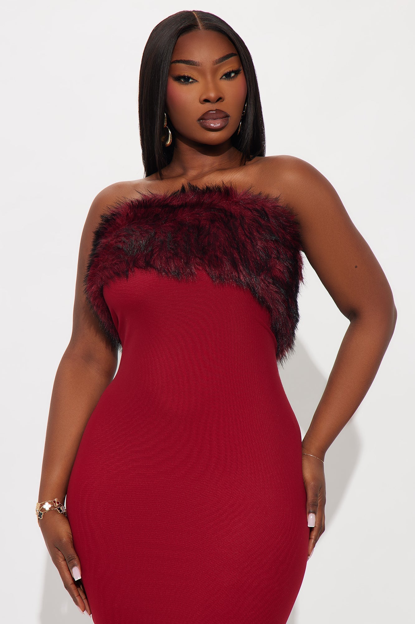 Glam Theory 2 Piece Faux Fur Gown - Burgundy
