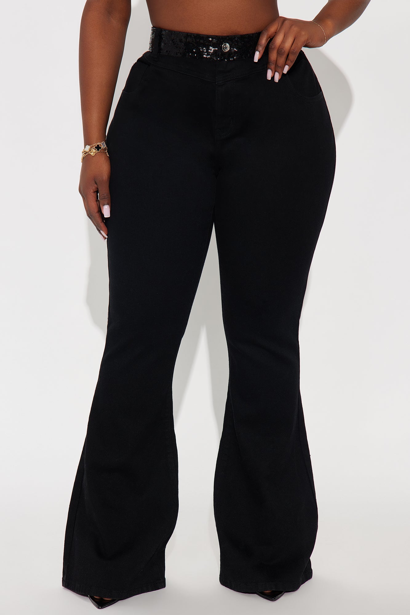 Sydney Sequin Waistband Flare Jeans - Black