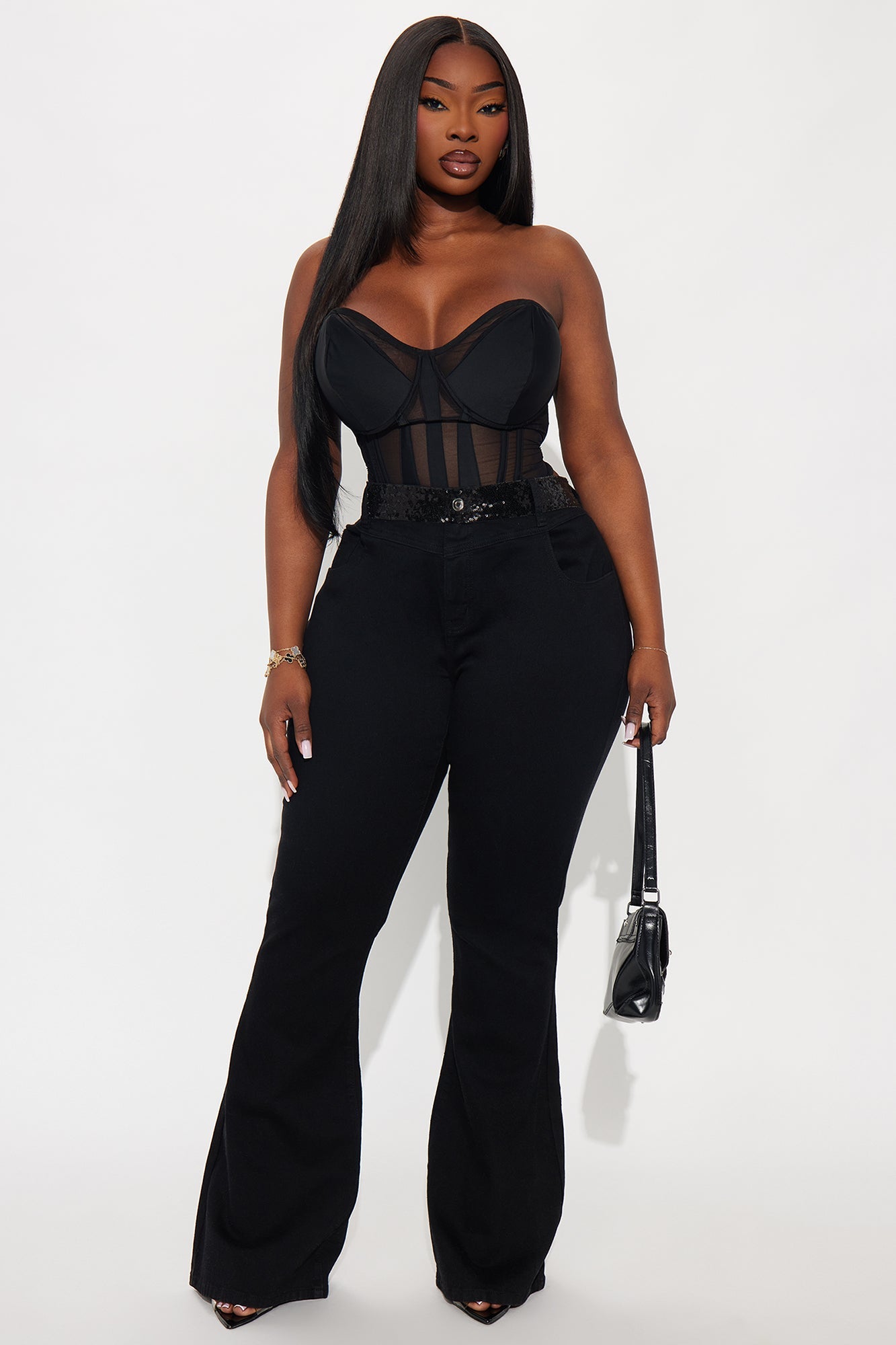 Sydney Sequin Waistband Flare Jeans - Black