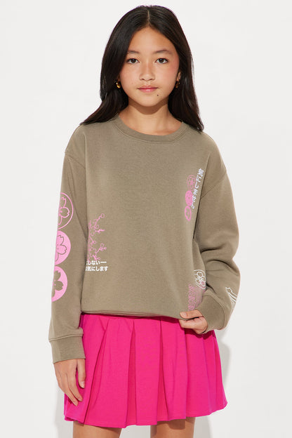 Mini Cherry Blossom Front/Back Crew Neck Sweatshirt - Olive