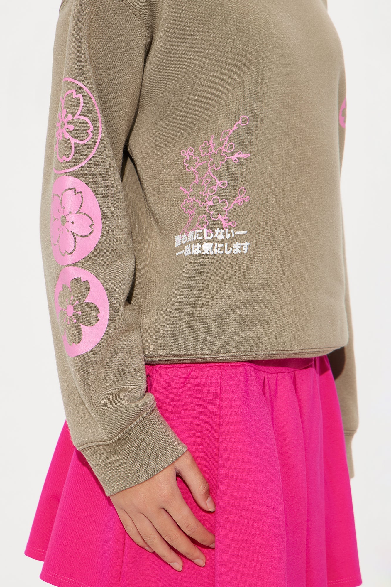 Mini Cherry Blossom Front/Back Crew Neck Sweatshirt - Olive