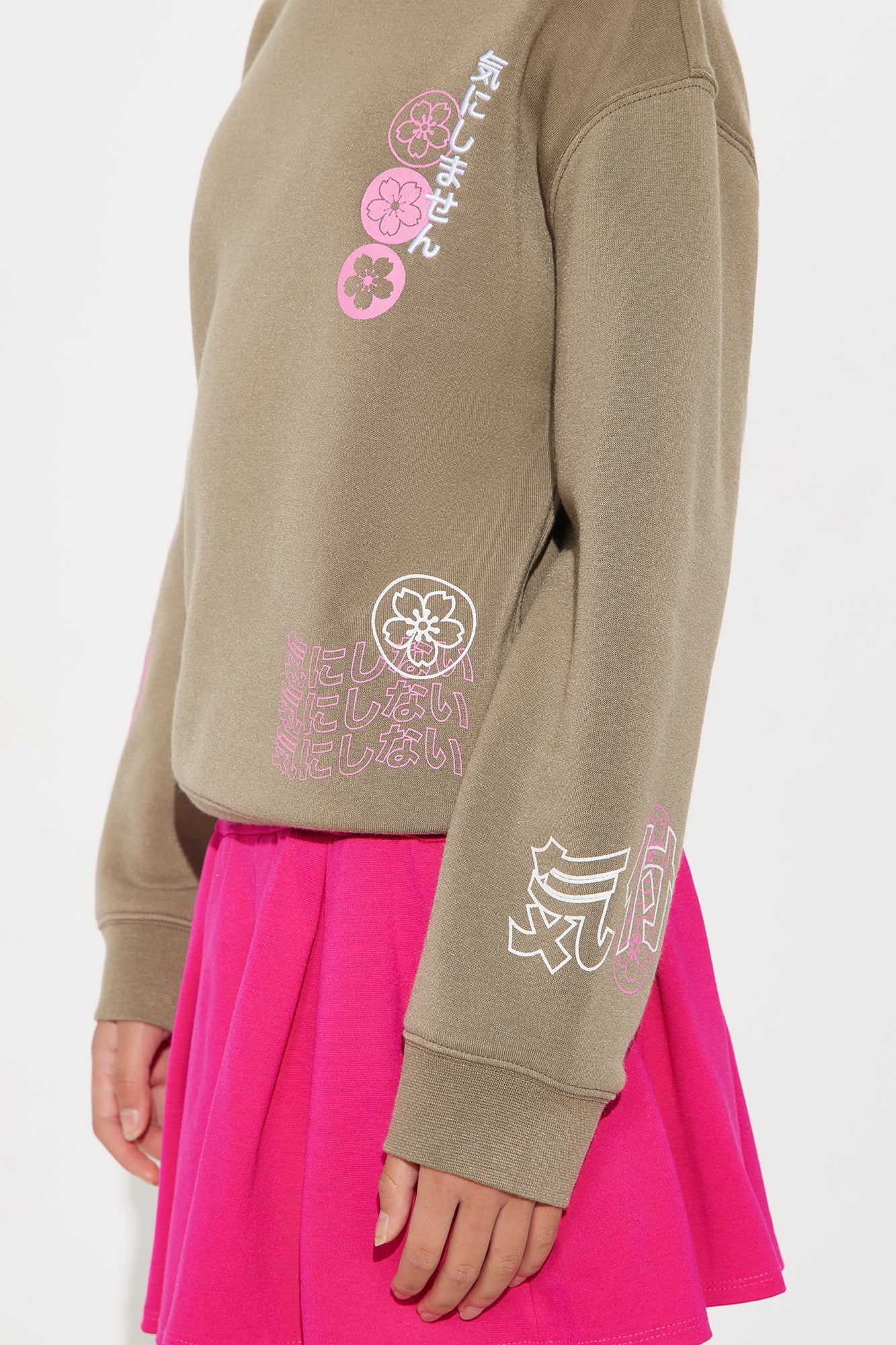 Mini Cherry Blossom Front/Back Crew Neck Sweatshirt - Olive