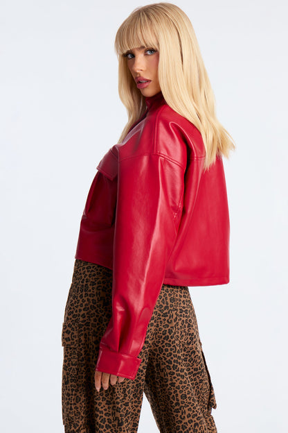 No Hard Feelings Faux Leather Cropped Bomber Jacket - DarkRed