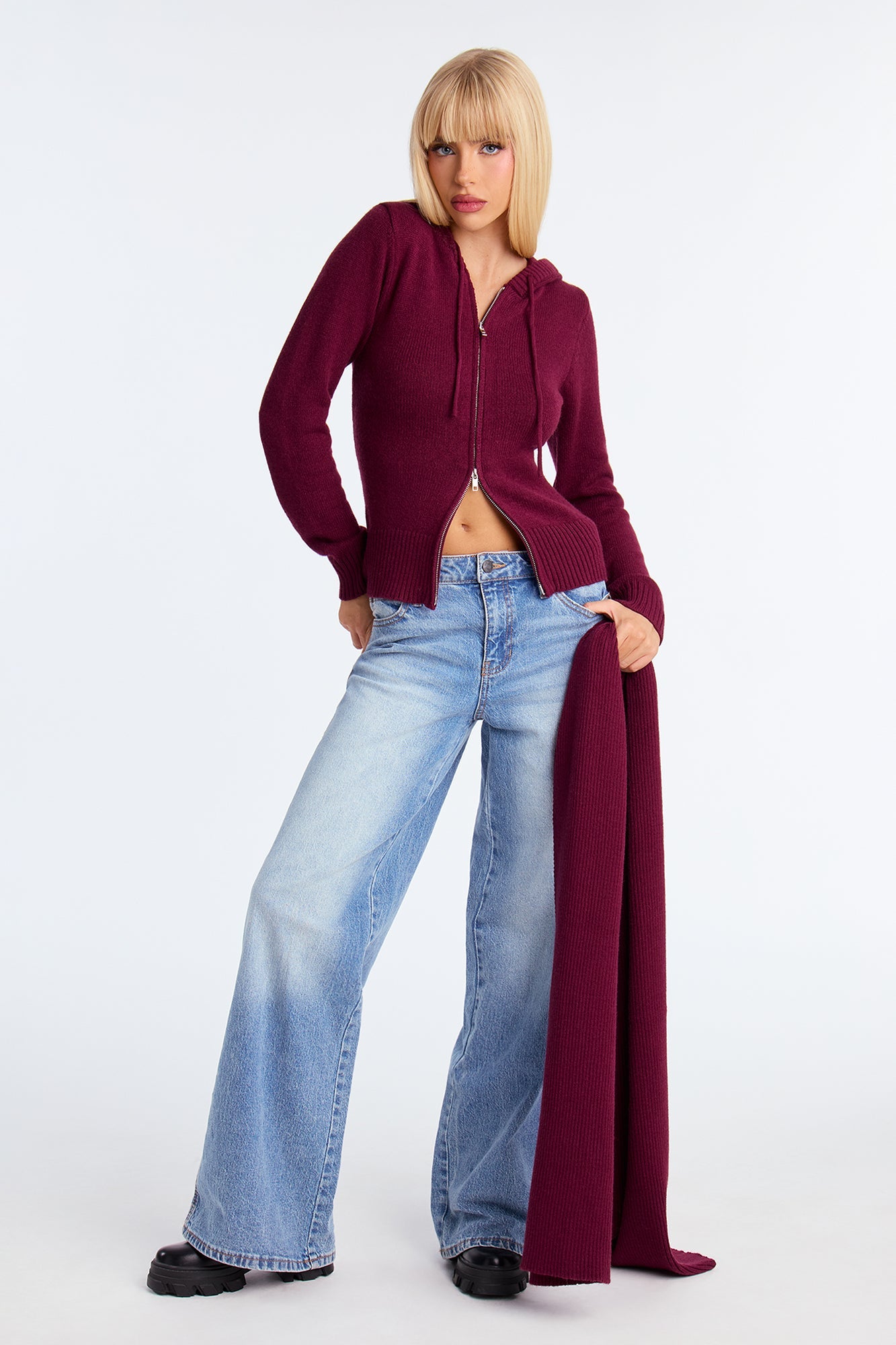 Knot Your Girl Zip Front 2pc Cardigan and Scarf Set - Burgundy