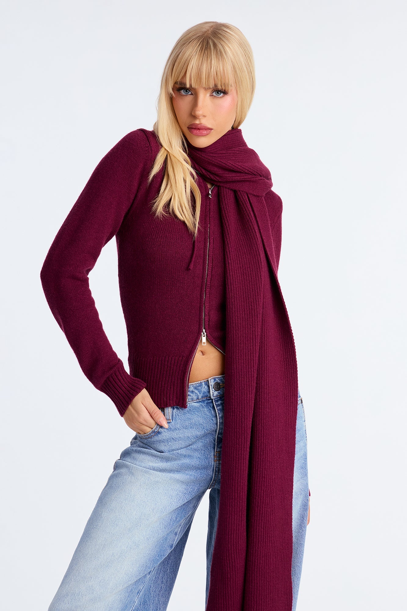 Knot Your Girl Zip Front 2pc Cardigan and Scarf Set - Burgundy
