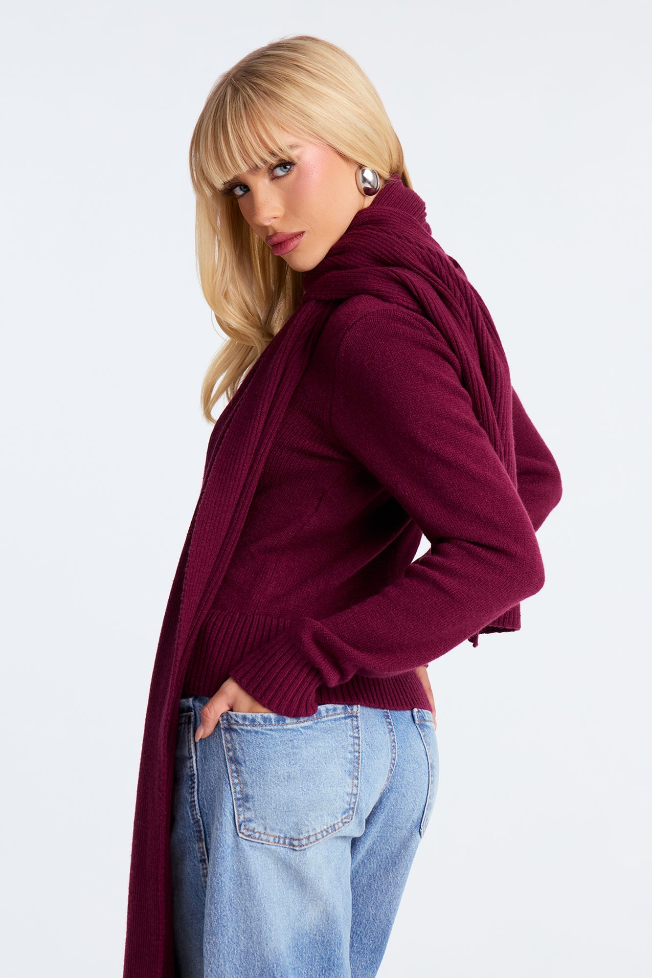 Knot Your Girl Zip Front 2pc Cardigan and Scarf Set - Burgundy