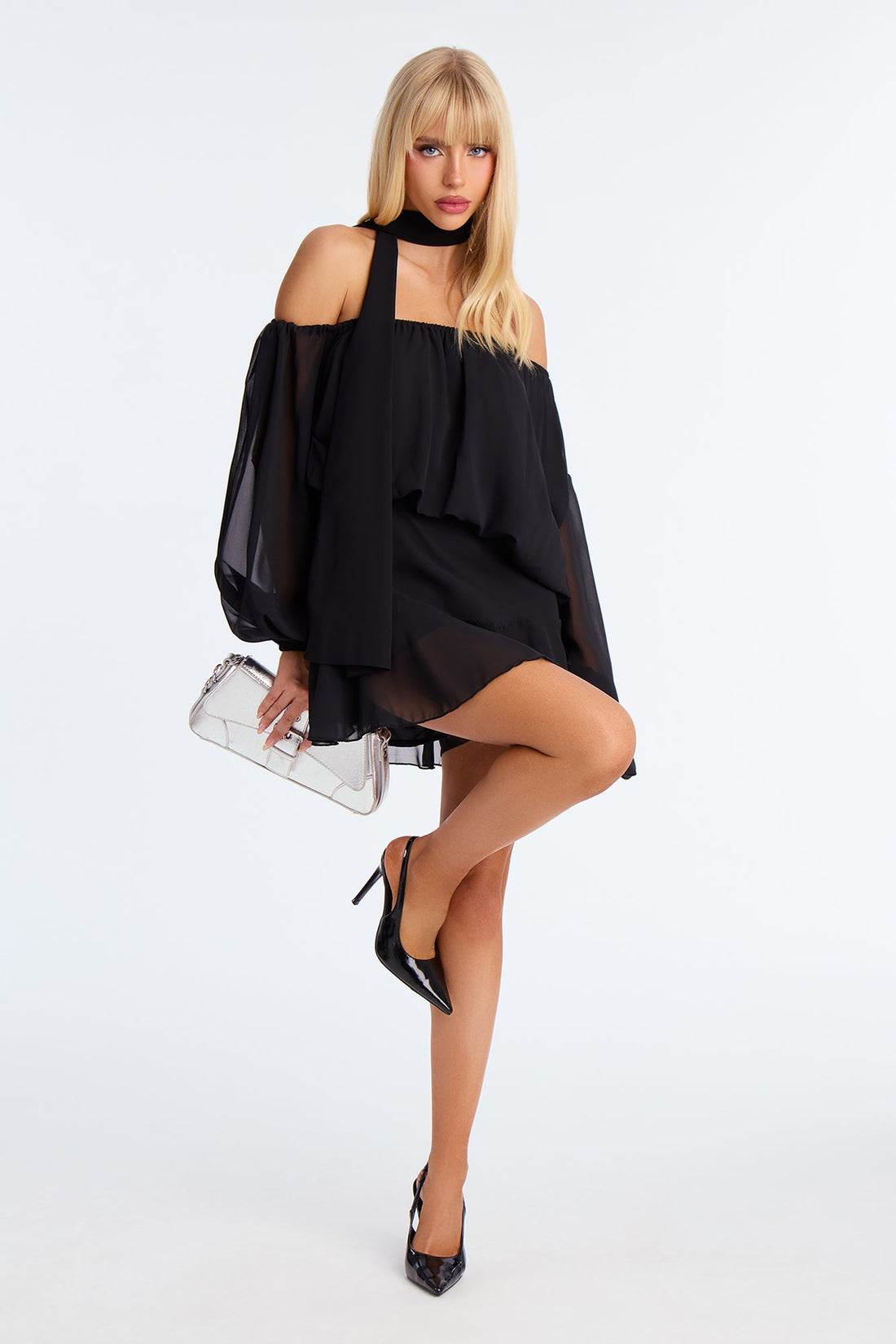 Fiona Chiffon Scarf Long Sleeve Romper - Black