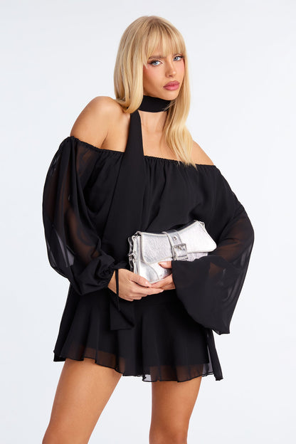 Fiona Chiffon Scarf Long Sleeve Romper - Black