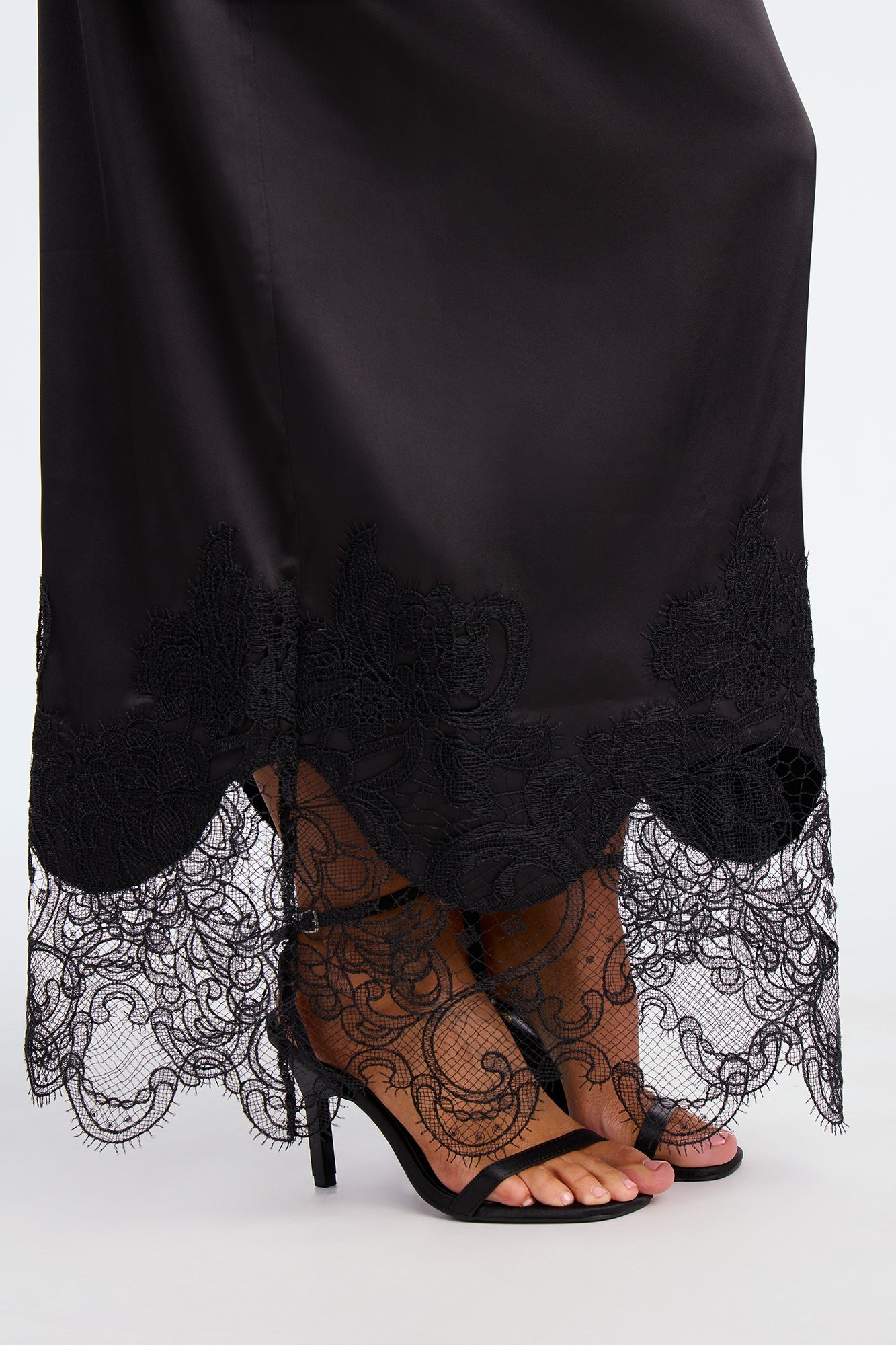 Dolled Up Lace Trim Satin Maxi Skirt - Black
