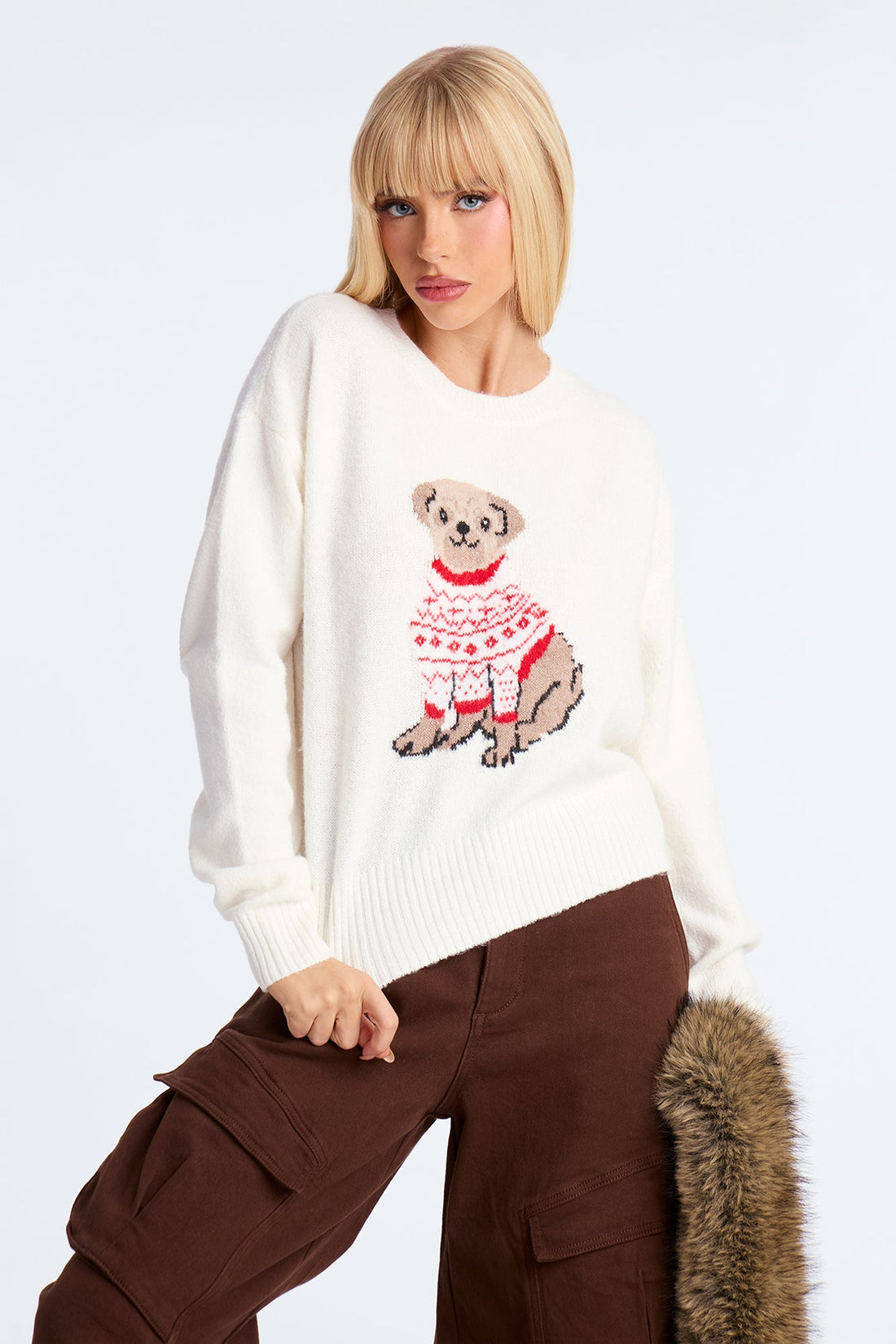 Stay Pawsitive Puppy Graphic Christmas Sweater - Ivory/combo