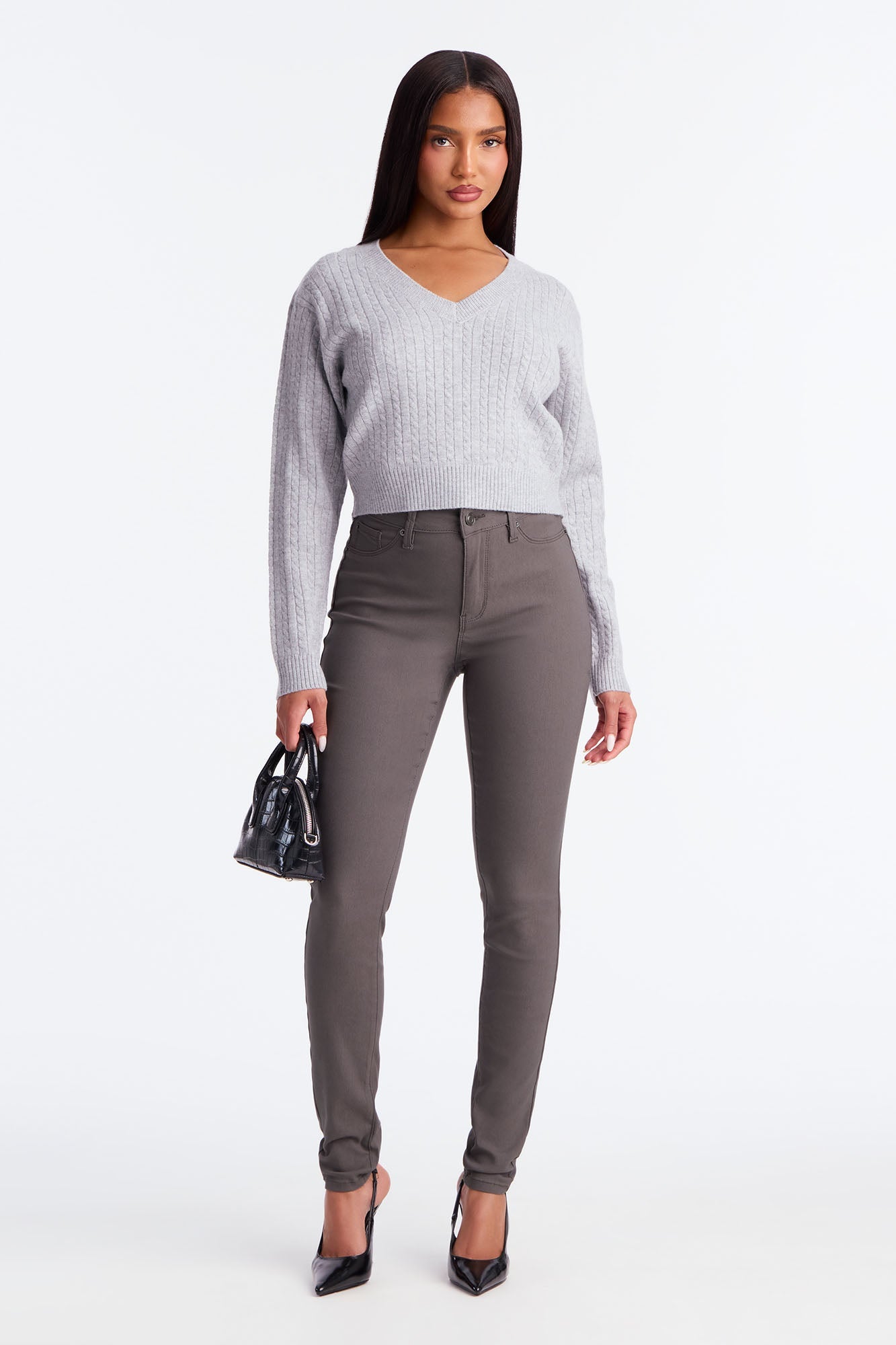 Frosty V Neck Cable Knit Sweater - Heather Grey
