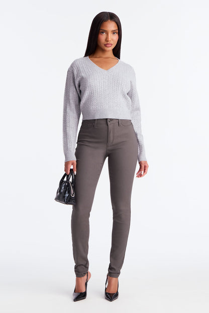 Frosty V Neck Cable Knit Sweater - Heather Grey