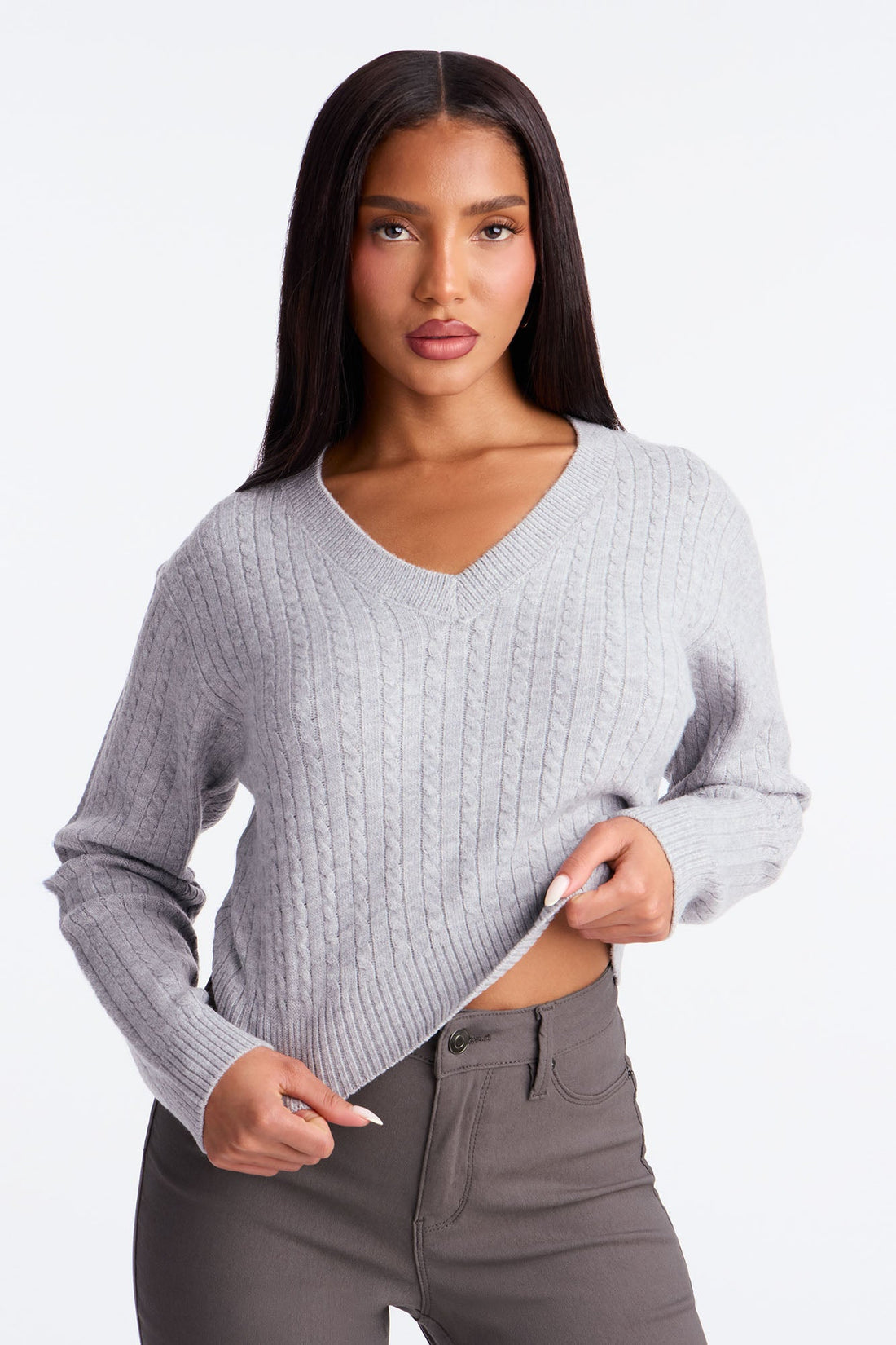 Frosty V Neck Cable Knit Sweater - Heather Grey