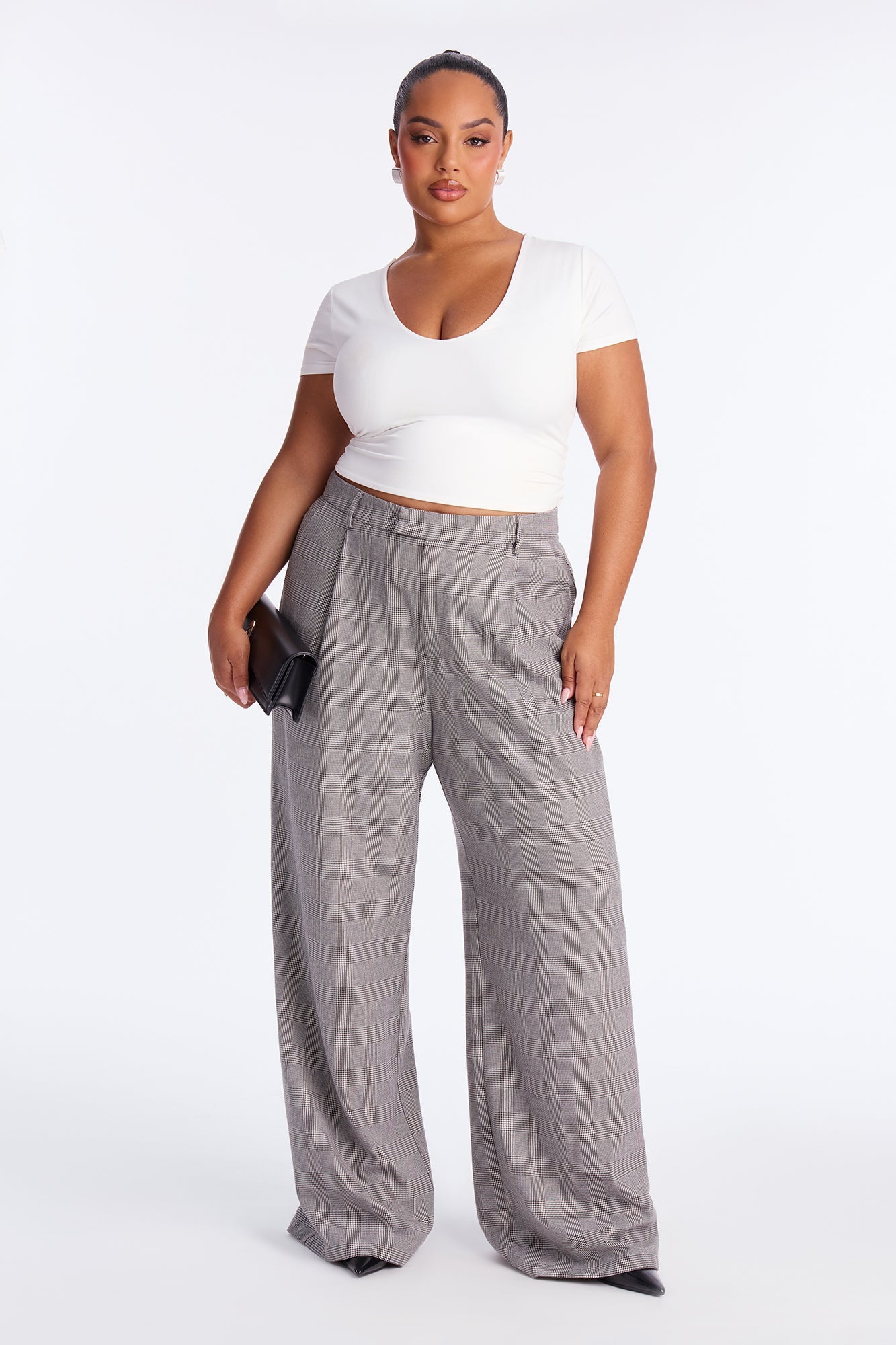 Clarissa Wide Leg Plaid Trouser Pants 33″ - Grey