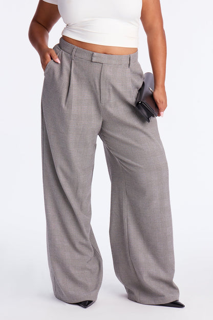 Clarissa Wide Leg Plaid Trouser Pants 33″ - Grey