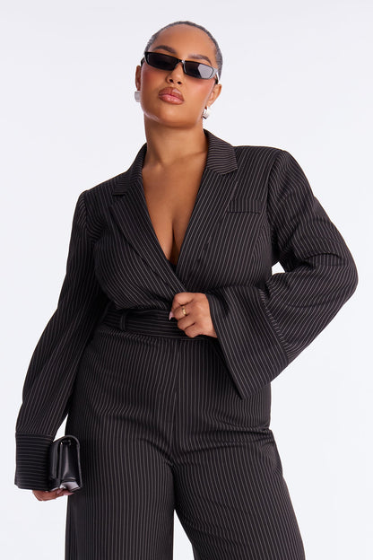 Kylie Blazer Pinstripe Wide Leg Jumpsuit - Black