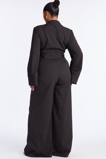 Kylie Blazer Pinstripe Wide Leg Jumpsuit - Black