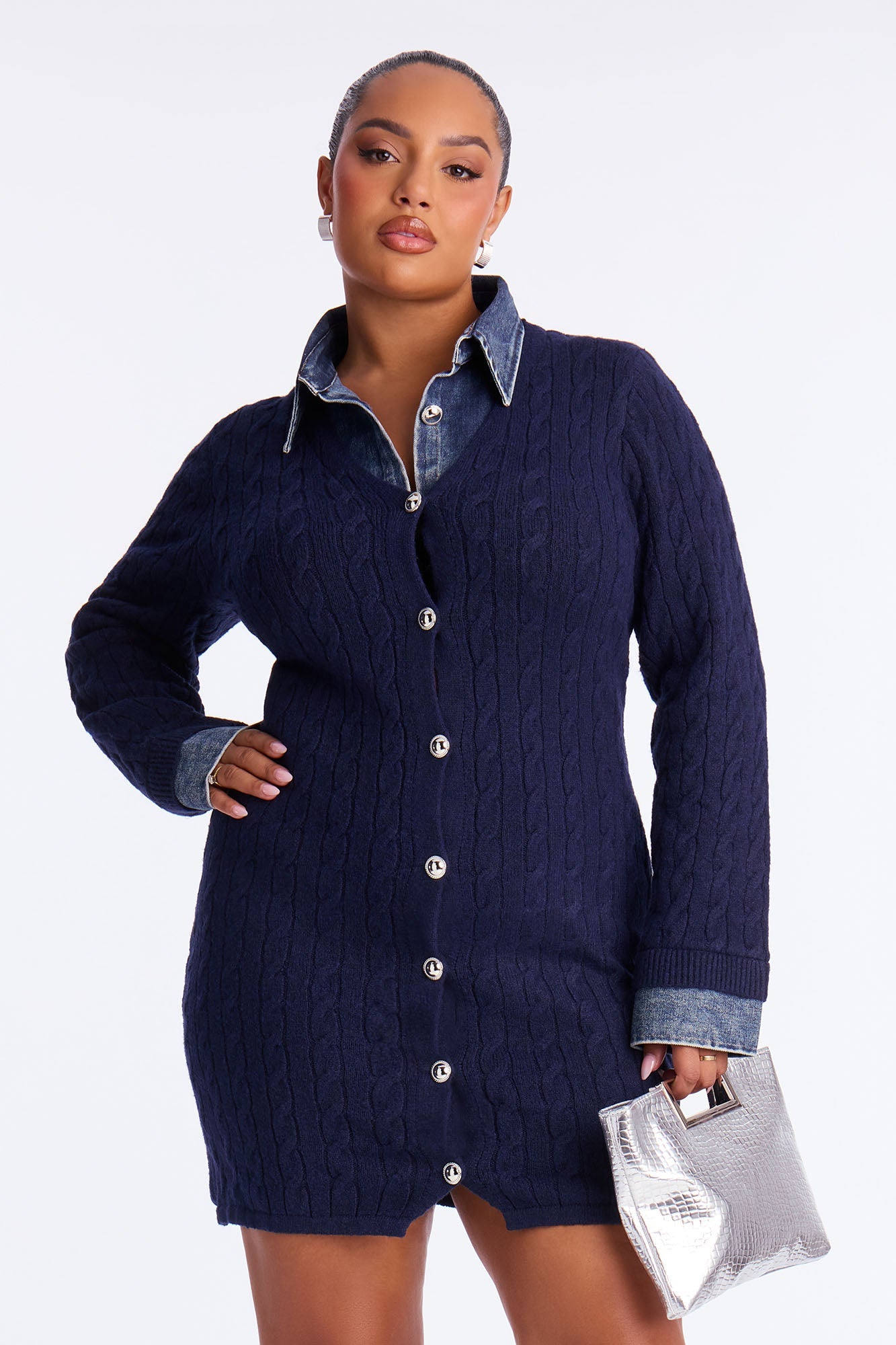 Suri Collar Cable Knit Sweater Mini Dress - Navy/combo