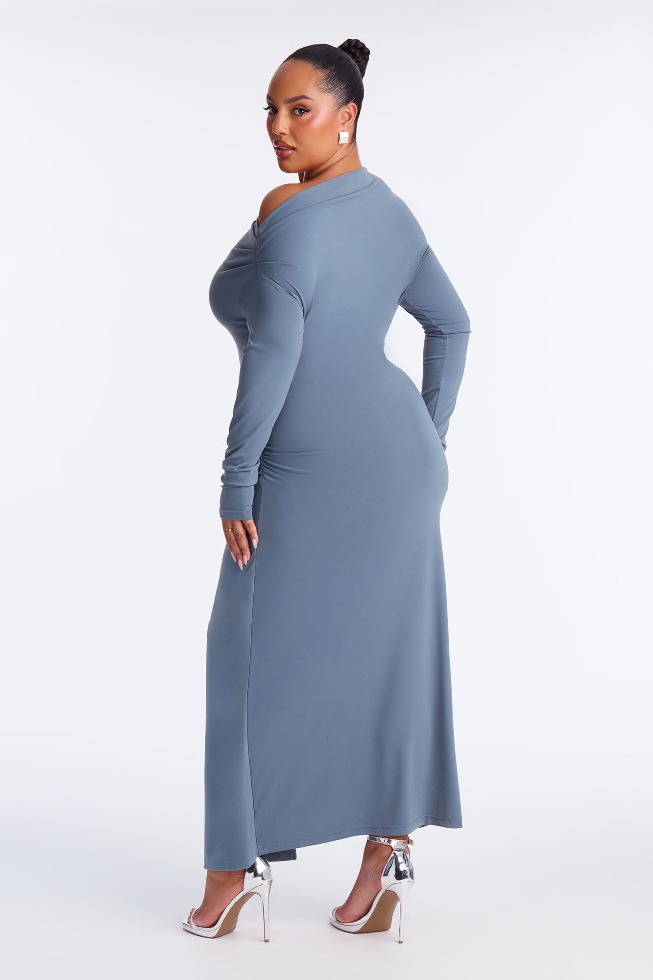 Aria Off Shoulder Draped Midi Dress - Slate Blue