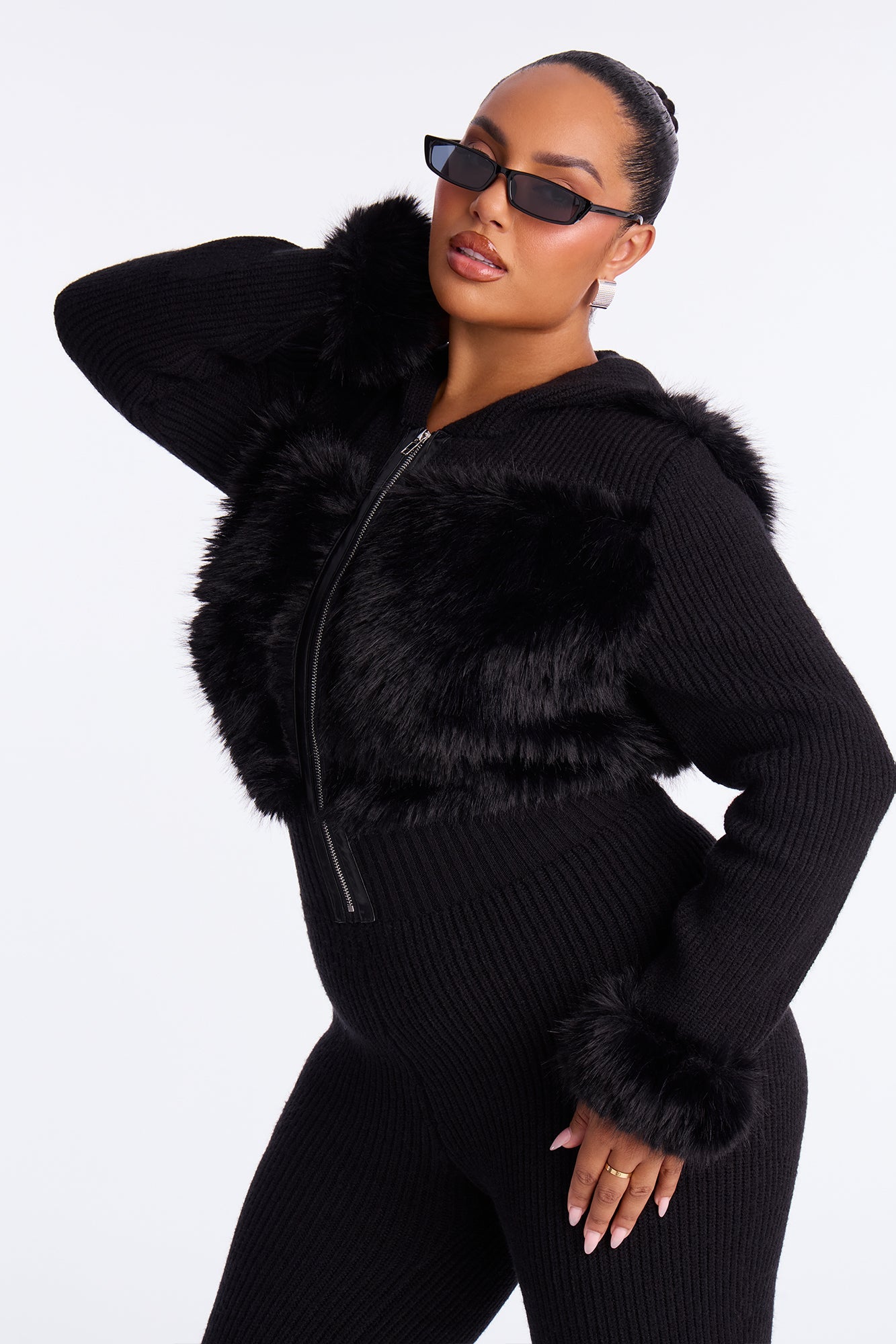 Soft Spoken Faux Fur Sweater Jumpsuit - Black