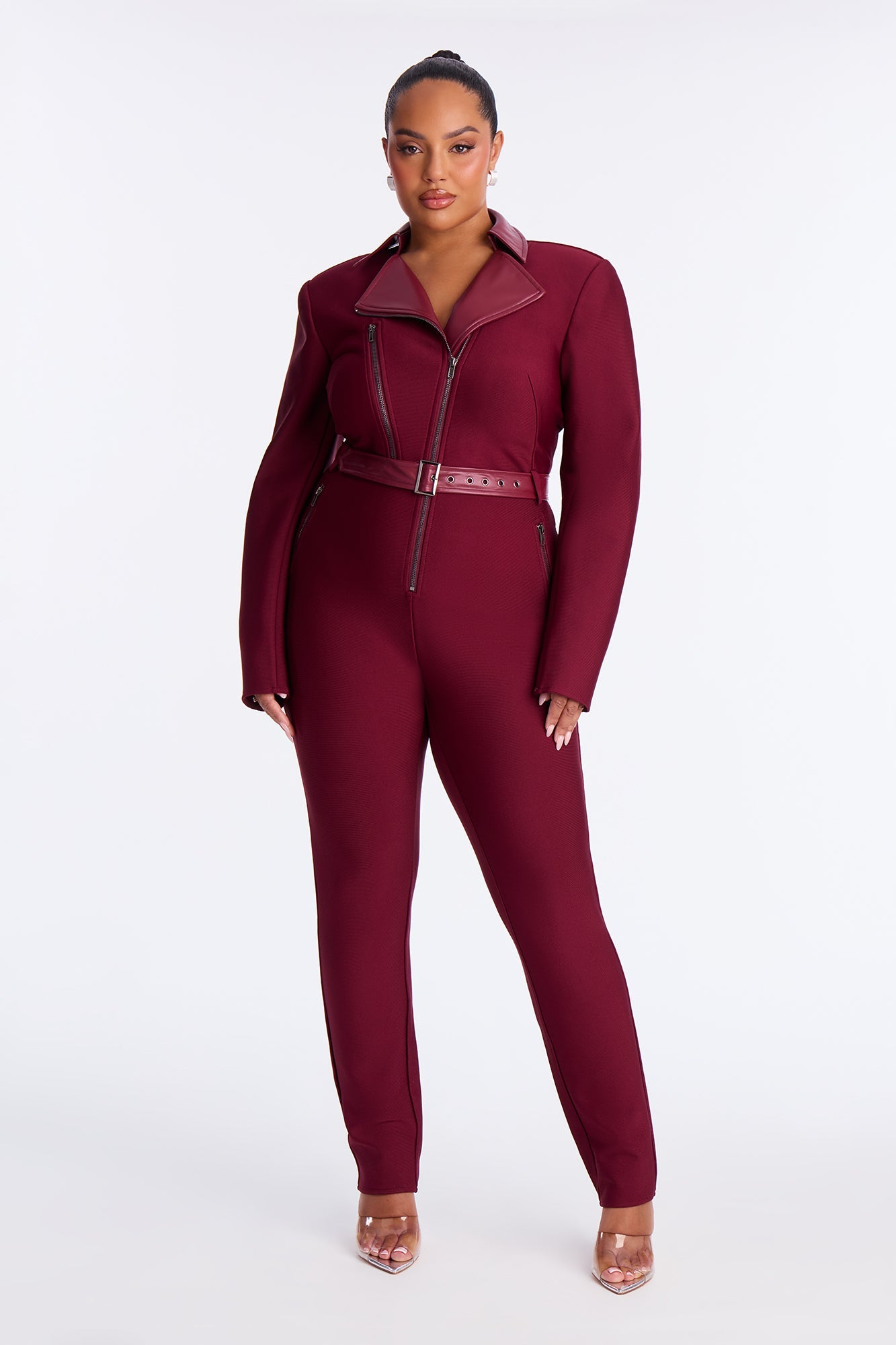 Irina Bold Bandage Moto Jumpsuit - Burgundy